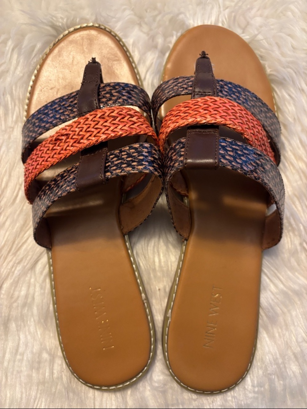 Nine West Brown & Orange Braided Slide Sandals
